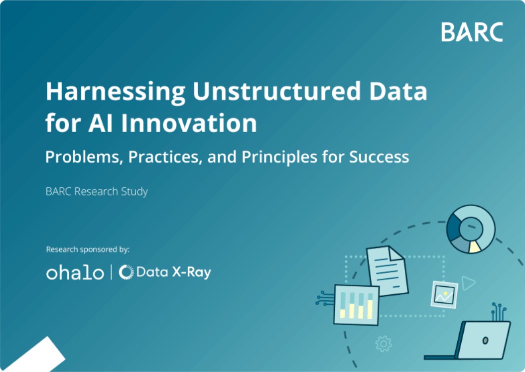 Cover of the BARC report Harnessing Unstructured Data for AI Innovation: Problems, Practices, and Principles for Success